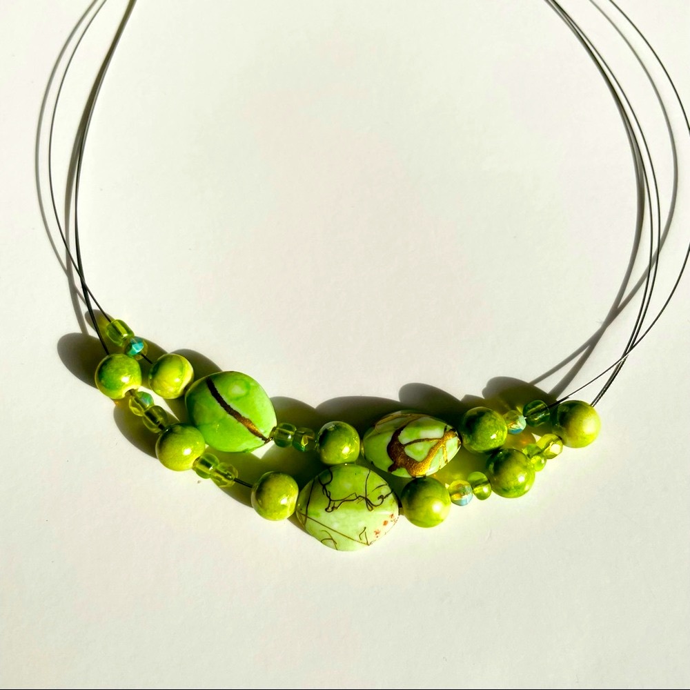 New Never Worn Beaded Green Necklace and Earring Set